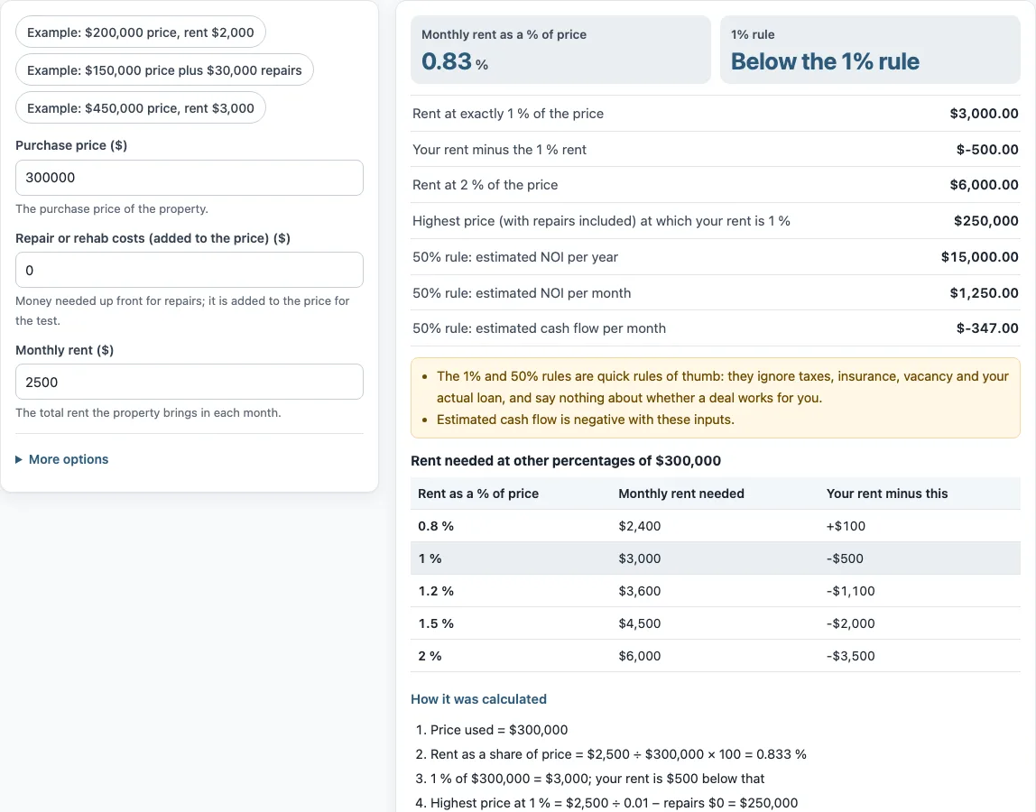 1 percent rule real estate example