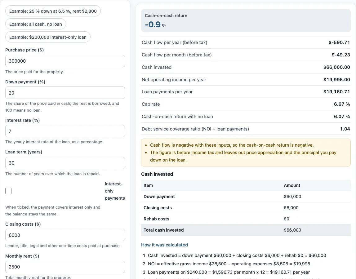 Cash on cash return calculator example