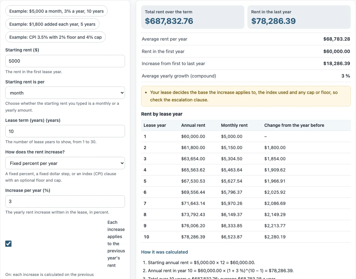 Rent escalation calculator example