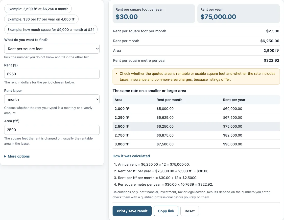 Per square foot rent calculator example