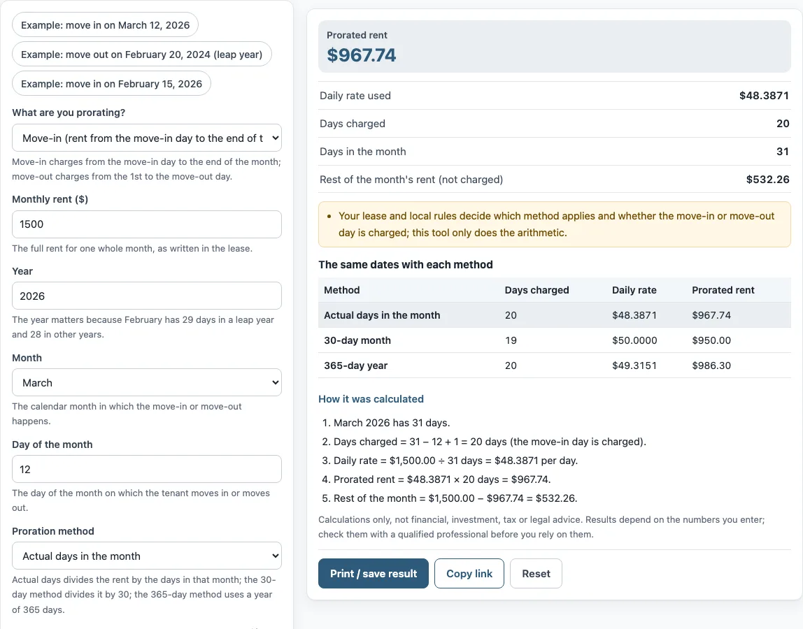 Rent proration calculator example