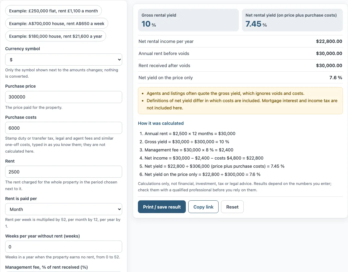 Rental yield calculator example